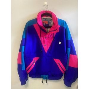 Vintage RARE 80s Retro Black Bear Ski Jacket Womens Colorblock Neon Size Medium